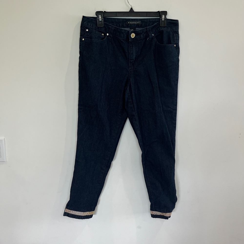 Baccini Womens Rhinestone Cuff Dark Wash Denim Jeans Size 10 Stretch Ankle Zip